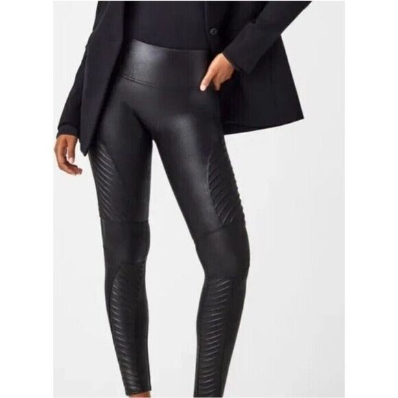 SPANX Black Faux Leather Moto Leggings Women’s Medium Petite